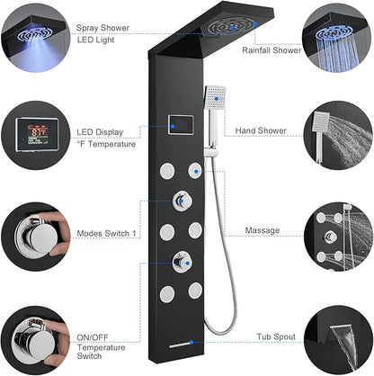 LED Rainfall Shower Tower System, Stainless Steel Hydroelectric Shower Panel Tower System (No battery need) with 6 Pcs Body Jets, Black