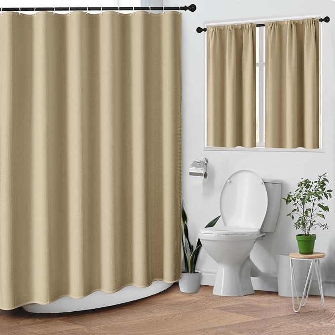Shower Curtain Set, for Bathroom Decor 72" x 72", Modern Beige | Beige Waffle Textured Solid Waffle Textured Cloth Waterproof Matching Window Shower Curtain 36 x 30 Inches