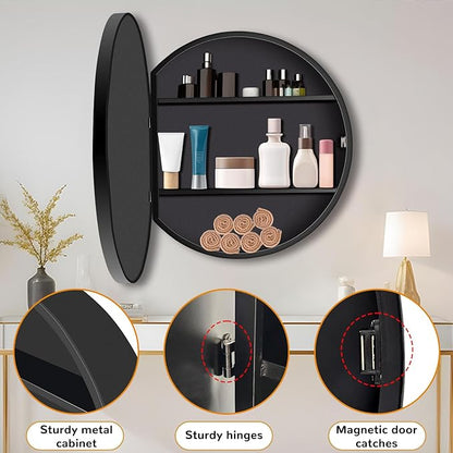 26 Inch Round Medicine Cabinet with Mirror, Black Farmhouse Bathroom Storage Cabinet, Metal Frame Circular Vanity Mirror Cabinet, Surface Mount Only – Ideal for Master Bathrooms