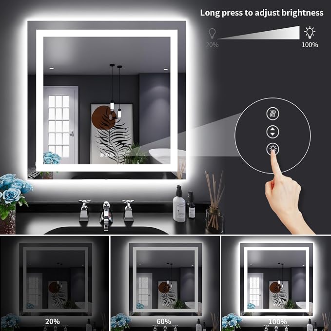 LOAAO 32"X32" LED Bathroom Mirror with Lights, UL Listed | Anti-Fog, Dimmable, 3 Color Temperature, Backlit + Front Lit, Memory Function, Tempered Glass