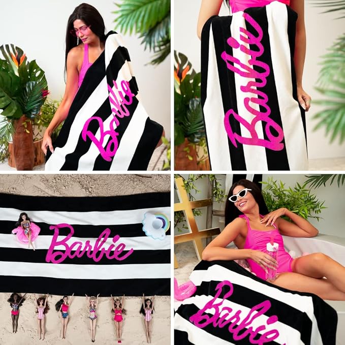 Barbie Barbiecore Black & White Striped Soft Cotton Bath/Pool/Beach Towel, 60 in x 30 in, (Official Licensed Barbie Product) By Franco