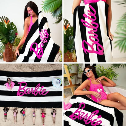 Barbie Barbiecore Black & White Striped Soft Cotton Bath/Pool/Beach Towel, 60 in x 30 in, (Official Licensed Barbie Product) By Franco