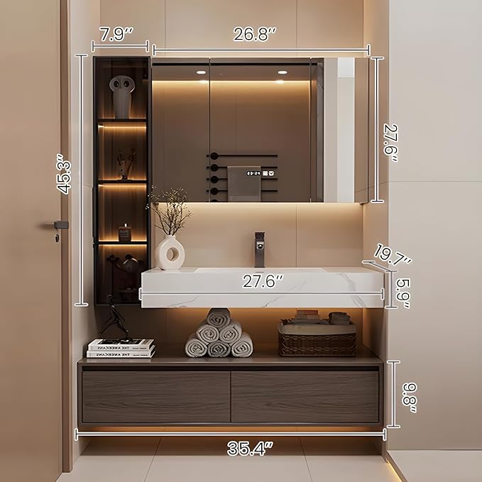 Bathroom Vanity, Floating Bathroom Sink Vanity, Modern Bathroom Vanities with Smart Defogging LED Mirror & Glass Side Cabinet, Wall Mounted Vanities for Restroom, Solid Wood (36in)