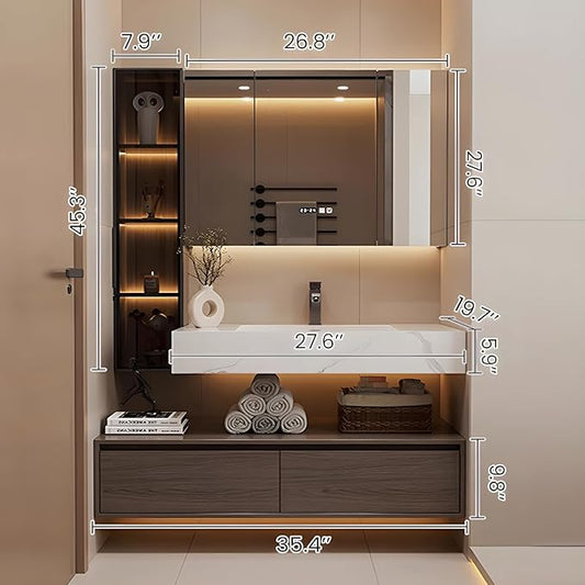 Bathroom Vanity, Floating Bathroom Sink Vanity, Modern Bathroom Vanities with Smart Defogging LED Mirror & Glass Side Cabinet, Wall Mounted Vanities for Restroom, Solid Wood (36in)