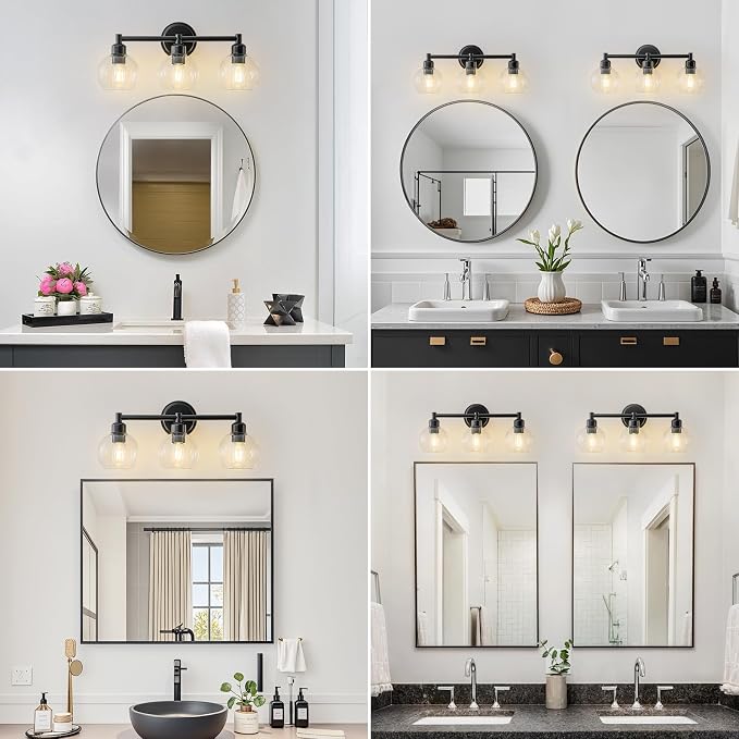 Modern Black Bathroom Vanity Lights,3-Light Matte Black Bathroom Light Fixture with Clear Glass Globe Shades, Adjustable Brightness Vanity Lighting fixtures for Kitchen,Bedroom,Hallway