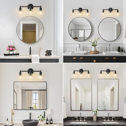 Modern Black Bathroom Vanity Lights,3-Light Matte Black Bathroom Light Fixture with Clear Glass Globe Shades, Adjustable Brightness Vanity Lighting fixtures for Kitchen,Bedroom,Hallway