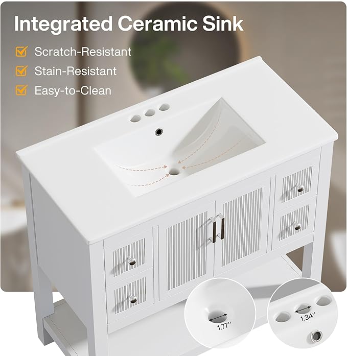 Tribesigns 36" Modern Bathroom Vanity with Sink, Freestanding Bathroom Vanities Cabinet Combo, Bathroom Sink Cabinet with 2 Doors and 1 Drawer, Solid Wooden Frame, White