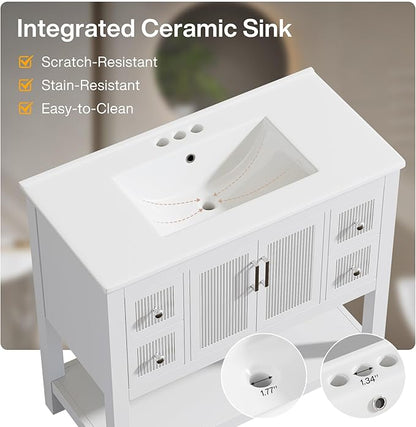 Tribesigns 36" Modern Bathroom Vanity with Sink, Freestanding Bathroom Vanities Cabinet Combo, Bathroom Sink Cabinet with 2 Doors and 1 Drawer, Solid Wooden Frame, White