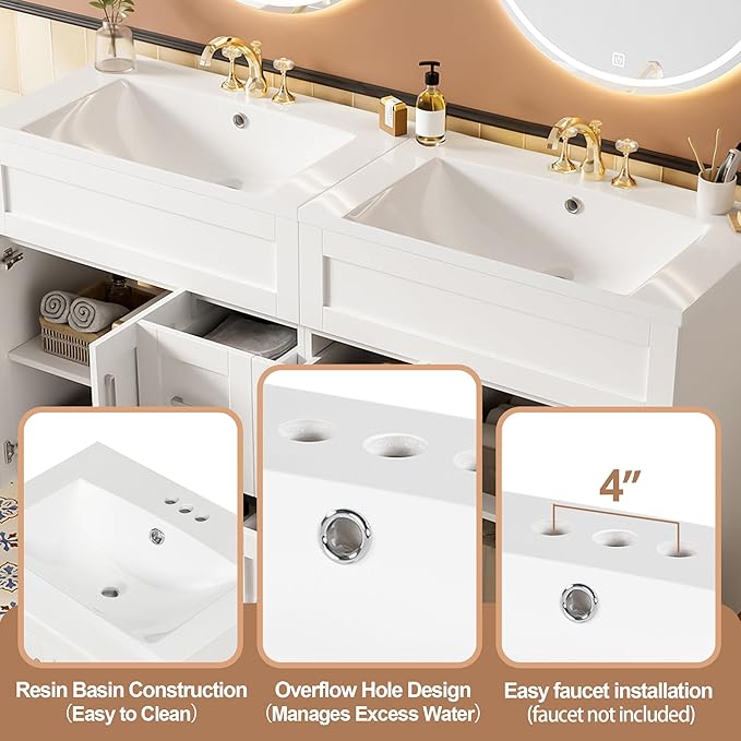 60" Bathroom Vanity Set with Double Sink, Harper & Bright Designs Vanity Cabinet with 4 Cabinet Doors, 4 Drawers, 2 Adjustable Shelves, Solid Wood Bathroom Cabinet with Resin Basin for Bathroom, White