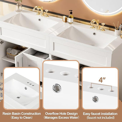 60" Bathroom Vanity Set with Double Sink, Harper & Bright Designs Vanity Cabinet with 4 Cabinet Doors, 4 Drawers, 2 Adjustable Shelves, Solid Wood Bathroom Cabinet with Resin Basin for Bathroom, White