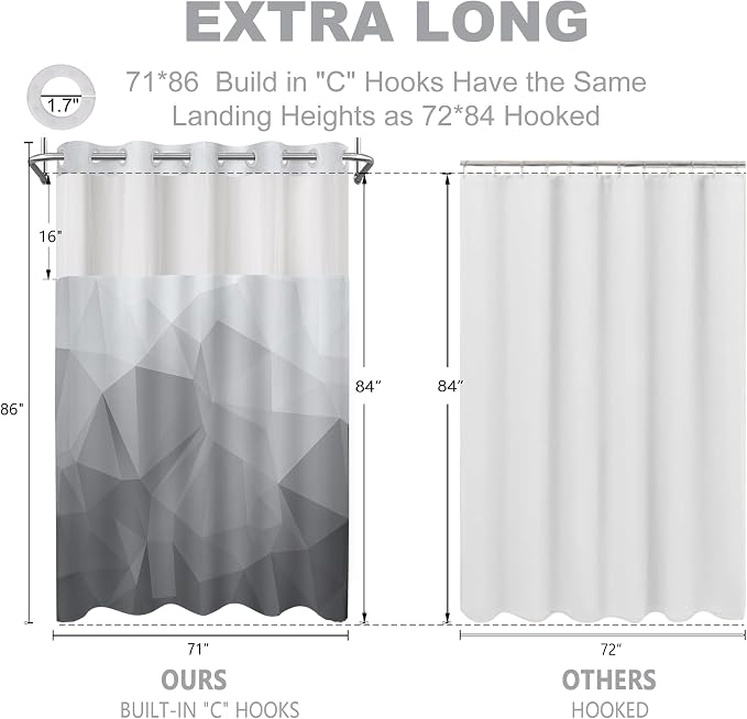 No Hook Shower Curtain with Snap in Liner Set, Light Grey, 71x86 | Waterproof Fabric for Bathroom, Modern Hotel Style Ombre Design, Mesh Top Window, Machine Washable, Quick Install