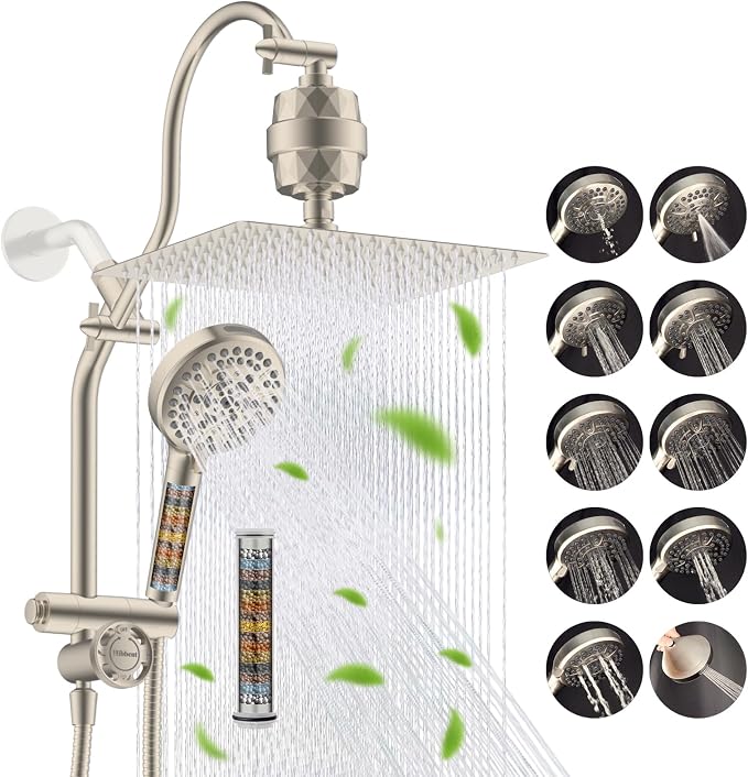 Hibbent 12" Dual Filtered 10" Rainfall Shower Head with Handheld 10-Spray | High Pressure Metal Brushed Nickel Showerhead Combo with Filter, Extension Arm with 4-way Diverter, 71'' Hose & Holder