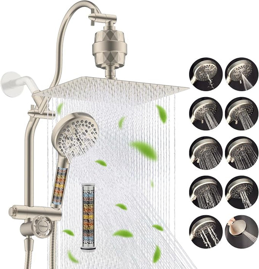 Hibbent 12" Dual Filtered 10" Rainfall Shower Head with Handheld 10-Spray | High Pressure Metal Brushed Nickel Showerhead Combo with Filter, Extension Arm with 4-way Diverter, 71'' Hose & Holder