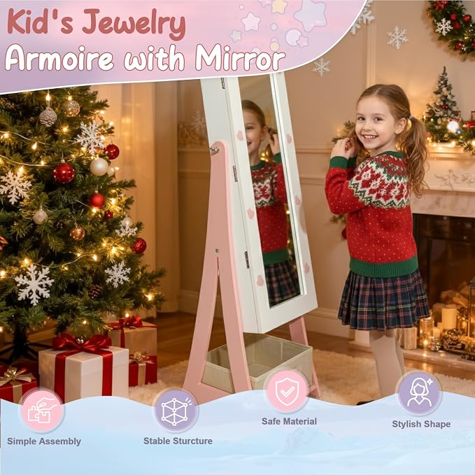 Karl home 45.5" Kids Jewelry Armoire with Mirror, White | Standing Organizer with Removable Drawers, Cute Rabbit-Shaped Dress Up Cabinet for Little Girls