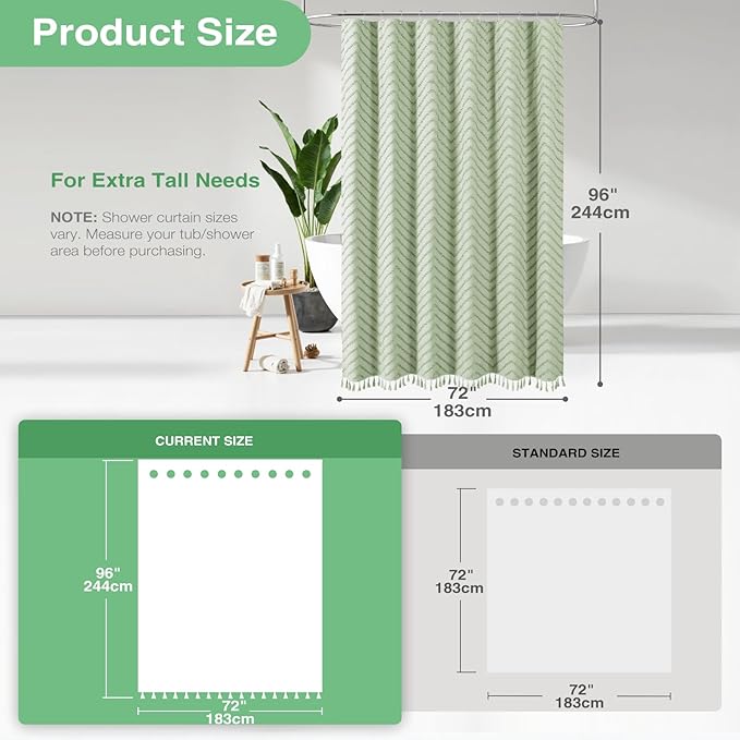 Dynamene Extra Long Shower Curtains, 96 Inch Long Boho Tufted Chevron Striped Fabric Shower Curtains for Bathroom, Tall Minimalist Waterproof Cloth Shower Curtain Set with 12 Hook, Sage Green, 72x96