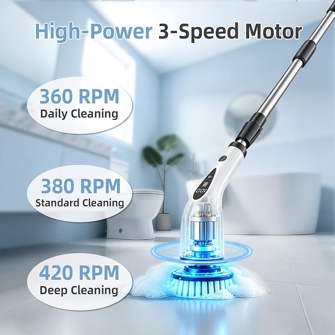 Electric Spin Scrubber, 3-Speed Flat End Brush with 8 Brush Heads & Base, IPX7 Waterproof, Adjustable Long Handle, Digital Display, 2500mAh Fast Charging, for Bathroom, Tub, Tile, Floor