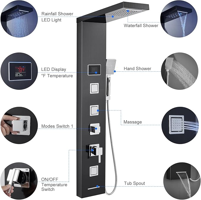 LED Shower Panel Tower System Black, MENATT 304 Stainless Steel 5-Function Shower Panel Rainfall Waterfall Shower Rain Massage System with Body Jets