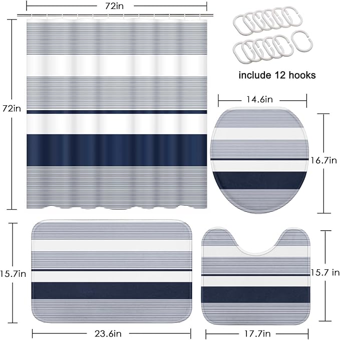 Bathroom Sets with Shower Curtain and Rug 4 Pcs Abstract Navy Blue | Striped Lines Modern Bathroom Decor Set with Toilet Lid Cover, Non-Slip Bath Mats and Accessories 12 Hooks