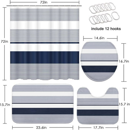 Bathroom Sets with Shower Curtain and Rug 4 Pcs Abstract Navy Blue | Striped Lines Modern Bathroom Decor Set with Toilet Lid Cover, Non-Slip Bath Mats and Accessories 12 Hooks