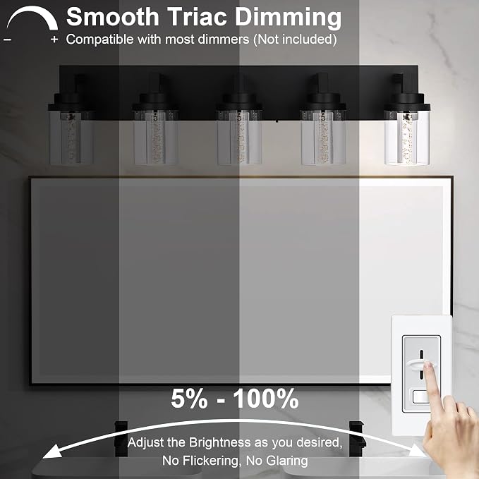 MELUCEE Black LED Vanity Lights for Bathroom 5 Color Temperature | 5CCT 25W Dimmable Bathroom Lights with Bubble Crystal and Clear Glass Shade,Built-In Led Chips,3000K-6000K
