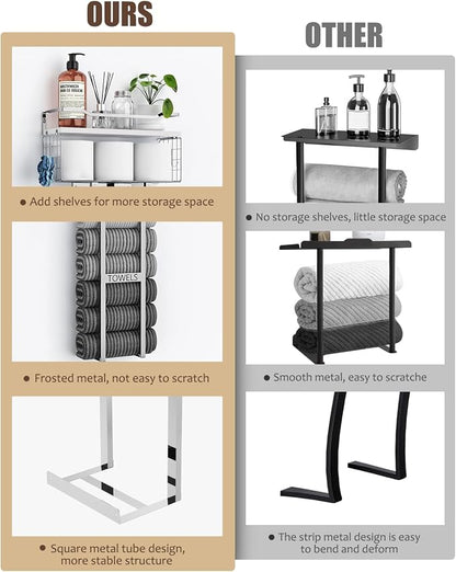 Aetyord Towel Racks for Bathroom - Wall Mounted Metal Rack with Wood Plank, Bathroom Storage Organizer, Towel Holder Stores 6 Large Rolled Towels Easily, Silver with White Plank