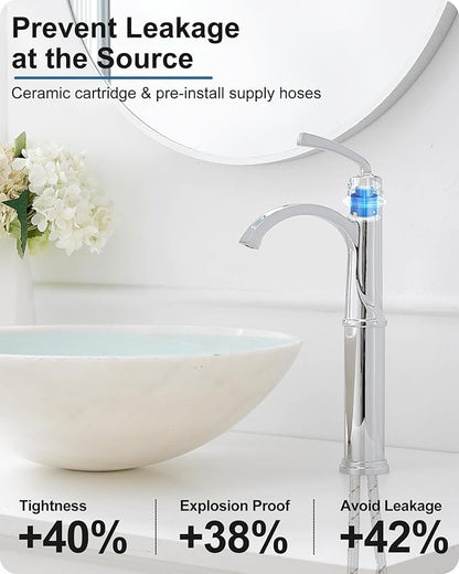 Tall Waterfall Bathroom Faucet Chrome, Single Handle Brass Vessel Faucet, Tall Faucet for Bathroom Sink, Bathroom Vanity Faucets 1 Hole with Pop up Drain Water Lines