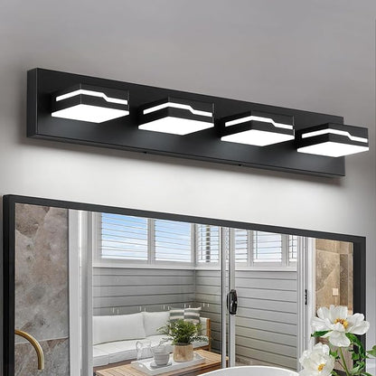 LED Modern Bathroom Vanity Light Fixtures 4-Light, 25.5 inch Dimmable Black Vanity Lights for Bathroom Lighting Fixtures Over Mirror, with 350°Rotatable Acrylic Heads(White Light 5500K)