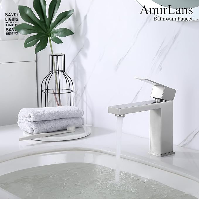 Single Hole Bathroom Faucet, Brushed Nickel Bathroom Sink Faucet | Single Handle 1 Hole Faucet for Bathroom Sink with Pop Up Stopper, Stainless Steel Vanity Faucet