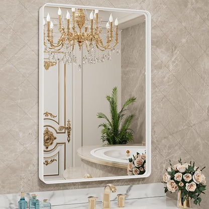 LOAAO White Metal Framed Bathroom Mirror, 20x30 Inch | Rounded Rectangle, Anti-Rust, Hangs Horizontally or Vertically