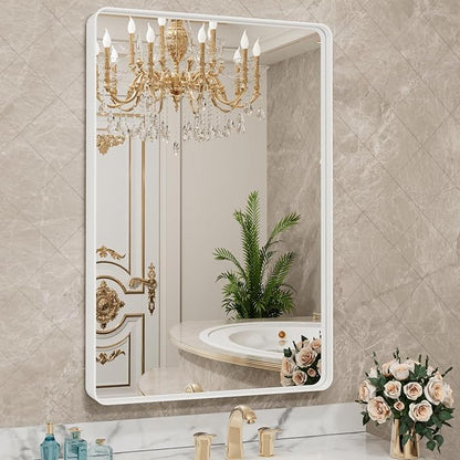 LOAAO 28x36 Inch White Metal Framed Bathroom Mirror | Rounded Rectangle, Anti-Rust, Hangs Horizontally or Vertically