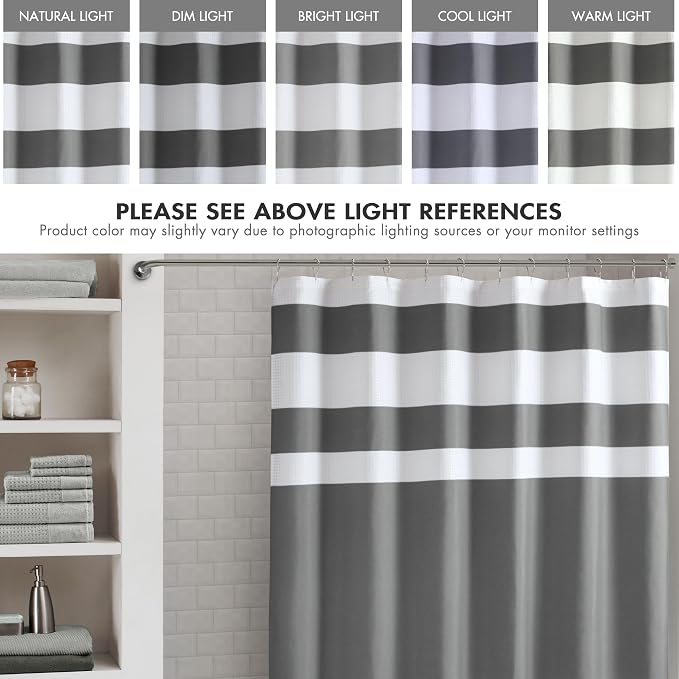 Madison Park Spa Waffle Weave Extra Long Shower Curtain, 72 x 84, Charcoal | Striped, Pieced Fabric Design, 3M Scotchgard Moisture Management, Hotel Quality, Modern, for Bathroom, OEKO-TEX Certified