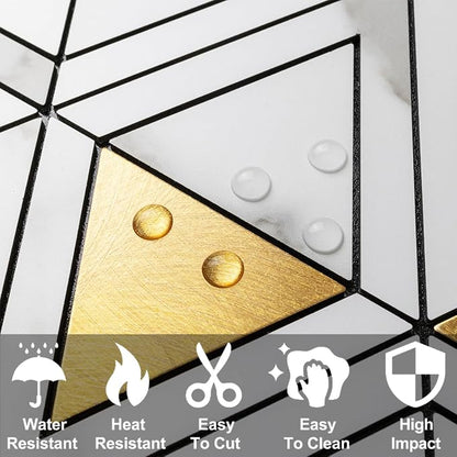 DICOFUN 10-Sheet White Marble Look Triangle Mosaic Tiles Peel and Stick Backsplash for Kitchen, PVC Mixed Metal Gold Chevron Stick on Backsplash Wall Tiles