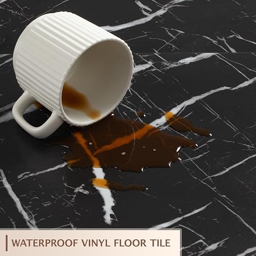Peel and Stick Floor Tile, 30 PCS 12" x 12" Waterproof Marble Texture Luxury Vinyl Tiles, Easy DIY Self Adhesive Vinyl Flooring for Bathroom, Kitchen, Living Room, Black Marble