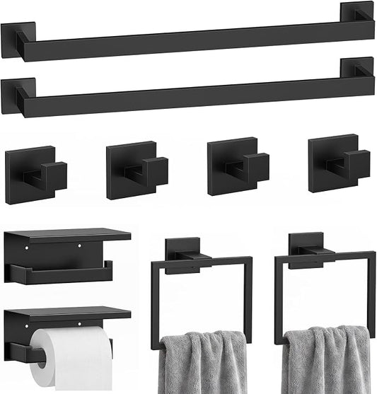 10-Piece Black Bathroom Hardware Set SUS304 Stainless Steel, 2×23.6" Towel Bars, 2 Towel Rings, 2 Toilet Paper Holders & 4 Towel Hooks Wall Mounted Bathroom Accessories Set