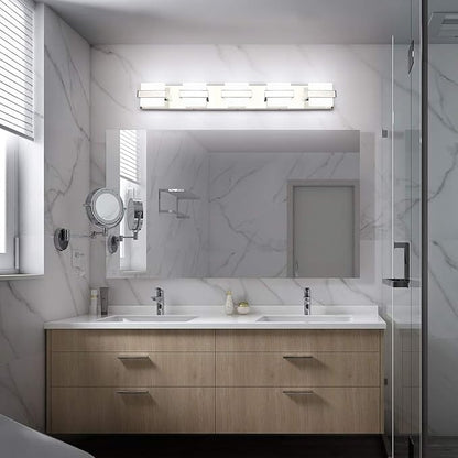 SOLFART Chrome 5 Light Bathroom Vanity Lights Over Mirror, Modern Chrome Bathroom Light Fixtures LED Lights Dimmable