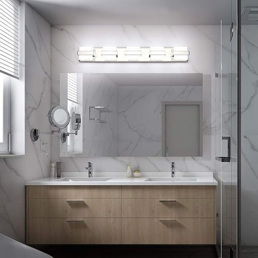 SOLFART Chrome 5 Light Bathroom Vanity Lights Over Mirror, Modern Chrome Bathroom Light Fixtures LED Lights Dimmable