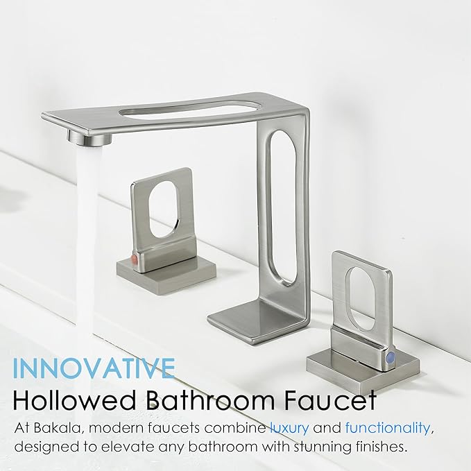 Bathroom Sink Faucet 3 Hole, BAKALA 8-inch Brushed Nickel Widespread Faucet, 2 Handle Modern Vanity Bathroom Faucets with Water Supply Hoses, Hollowed Design