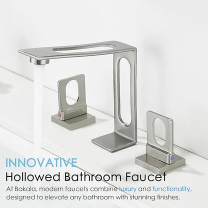 Bathroom Sink Faucet 3 Hole, BAKALA 8-inch Brushed Nickel Widespread Faucet, 2 Handle Modern Vanity Bathroom Faucets with Water Supply Hoses, Hollowed Design