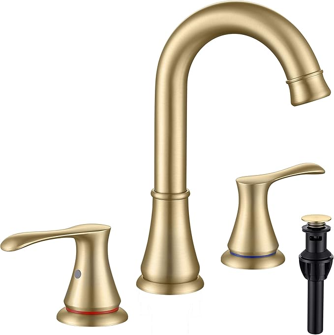 Bathroom Faucet for Sink 3 Hole with Pop Up Drain and cUPC Faucets Supply Hose, 2 Handle 8 inch Brass Widespread Bathroom Sink Faucet, Brushed Gold Basin Faucet Taps Mixer