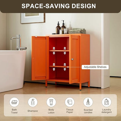 Bevivog Orange Metal Locker Cabinet with 2 Doors and 2 Adjustable Shelves, Small Accent Cabinet Bathroom Floor Storage Cabinets Short Sideboard for Entryway, Living Room, Hallway