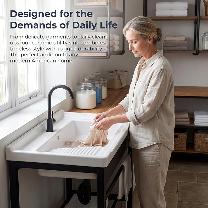 Freestanding Laundry Utility Sink with Washboard | 19" x 28.3" x 32.3" Ceramic Utility Sink with Bracket and Drain Kit for Laundry Room, Utility Room, Garage, Outdoor / Indoor