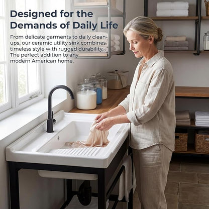 Freestanding Laundry Utility Sink with Washboard | 19" x 28.3" x 32.3" Ceramic Utility Sink with Bracket and Drain Kit for Laundry Room, Utility Room, Garage, Outdoor / Indoor