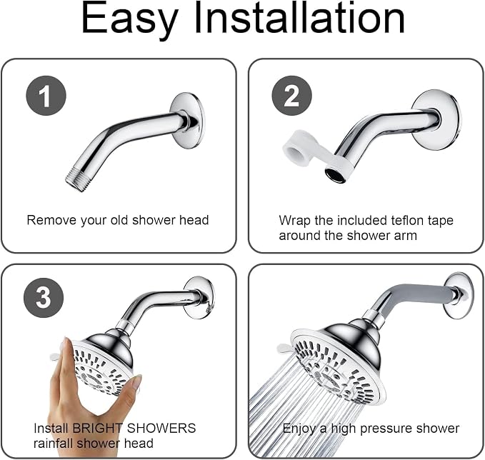 BRIGHT SHOWERS High Pressure 5-Function Rain Shower Head, Luxury Bathroom Showerhead with Chrome Plated Finish, Adjustable Angles, 1-Min Installation