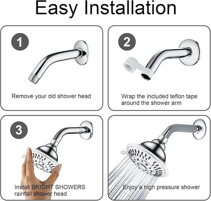 BRIGHT SHOWERS High Pressure 5-Function Rain Shower Head, Luxury Bathroom Showerhead with Chrome Plated Finish, Adjustable Angles, 1-Min Installation