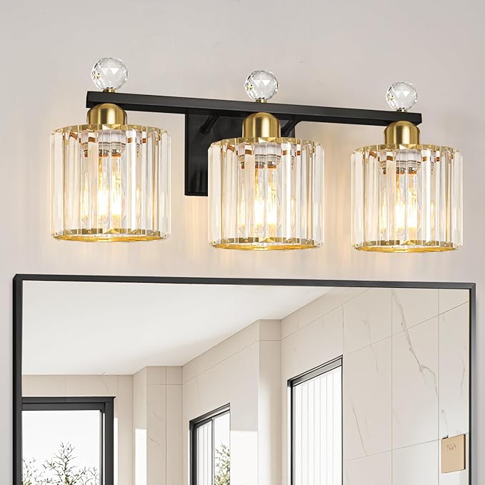 Black and Gold Bathroom Vanity Light, 3-Lights Crystal Vanity Lights for Bath, Modern Bathroom Light Fixture Over Mirror, Wall Mount Lights with Clear Crystal Glass for Bedroom Living Room