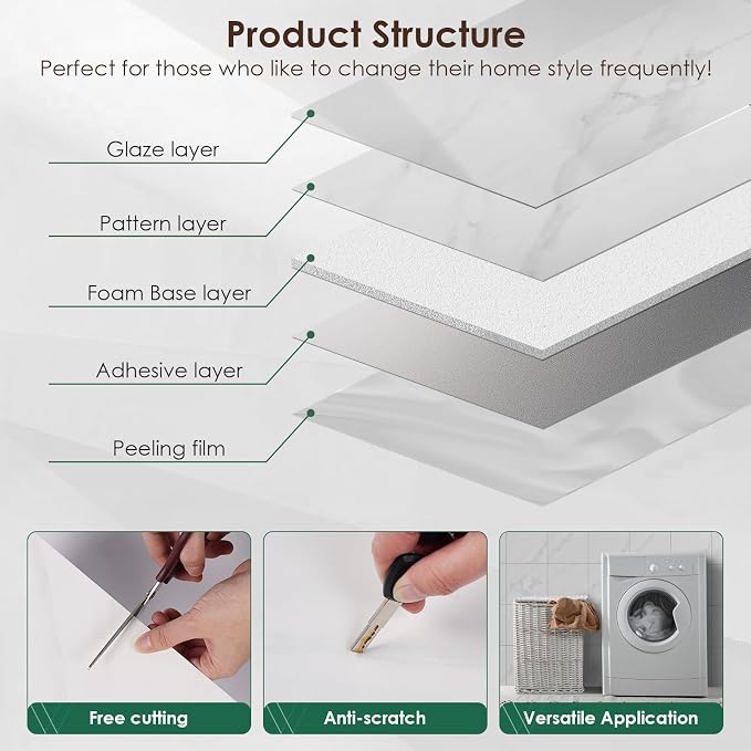 VallisCo Peel and Stick Backsplash Tiles 20 Sheets 12''x12'' PVC Self Adhesive Wall Tiles Back Splash Wall Panels Stick on Backsplash for Kitchen Bathroom Laundry Room, White