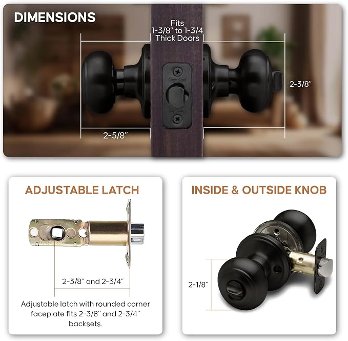 Copper Creek Colonial Privacy Interior Door Knob – ANSI Grade-3 Certified, Modern Heavy Duty Handle, Easy Install and Reversible for Bedroom, Bathroom and Closets – Matte Black (2 Pack)