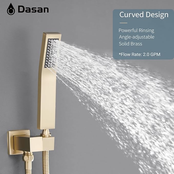DASAN Tub Shower Faucets Sets Complete Brushed Gold Bathtub Shower System with Waterfall Tub Spout, Bathtub Faucet Set Tub and Shower Faucet Combo Trim Kit with Valve, DA-SS04BG-S10W
