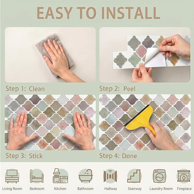 Arttown Peel and Stick 3D Wall Backsplash, 10-Sheet, 12" × 12" Moroccan | Subway Tiles Self Adhesive Thicker Design Wall Tile Panel Wallpaper for Kitchen Balcony Bathroom Rental Housing