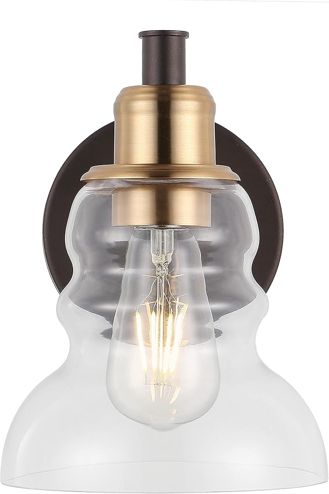 JONATHAN Y 6.5" Brass Gold/Oil Rubbed Bronze Modern Industrial Rustic 1-Light LED Vanity Light with Clear Glass Shade, Vintage Wall Sconce for Bathroom Kitchen Hallway, LED Bulb Included JYL3544A